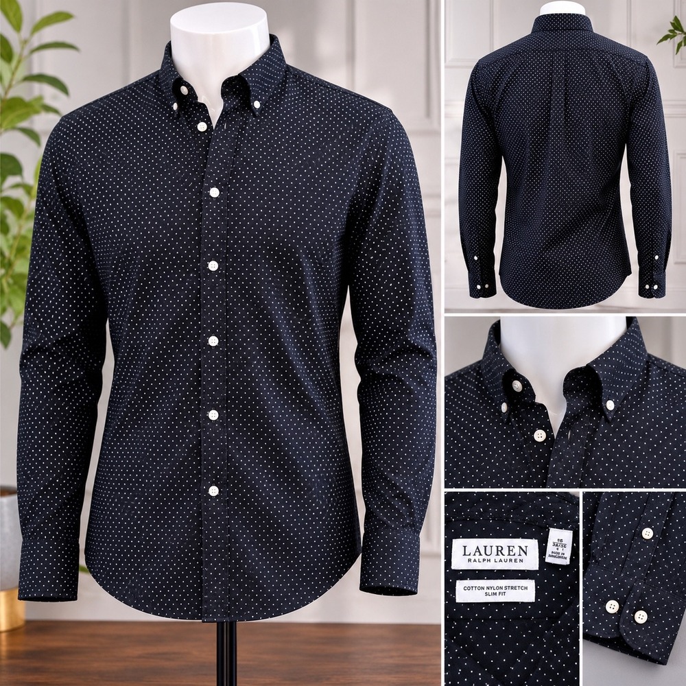 Lauren Ralph Lauren Slim Fit Dress Shirt Mens 16 Black Polka Dot Stretch Button - Picture 1 of 9
